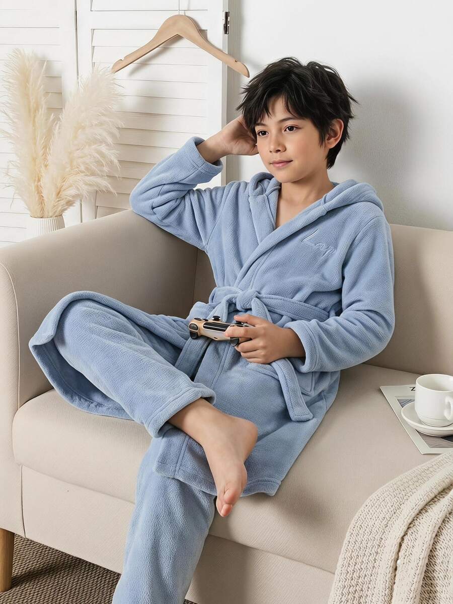 Boys' Plush Hooded Robe, Light Blue Fleece Fabric, Front Letter Embroidery, Thickened Long Sleeve Children's Bathrobe, Single Piece - Blue - View 1
