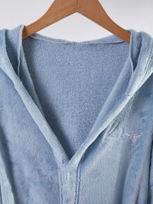 Boys' Plush Hooded Robe, Light Blue Fleece Fabric, Front Letter Embroidery, Thickened Long Sleeve Children's Bathrobe, Single Piece - Blue - View 6