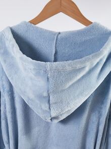 Boys' Plush Hooded Robe, Light Blue Fleece Fabric, Front Letter Embroidery, Thickened Long Sleeve Children's Bathrobe, Single Piece - Blue - View 5