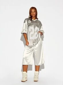SUMWON WOMEN Metallic Satin Oversized Jersey Dress V-Neck Short Sleeve Shift Silhouette With Embroidered Sheild Logo Detail Midi Length - Grey - View 2