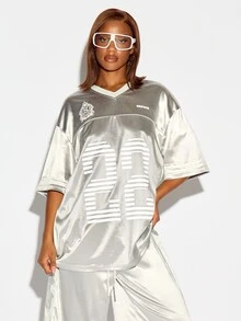 SUMWON WOMEN Metallic Satin Oversized Jersey Dress V-Neck Short Sleeve Shift Silhouette With Embroidered Sheild Logo Detail Midi Length - Grey - View 1