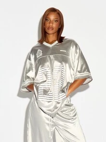 SUMWON WOMEN Metallic Satin Oversized Jersey Dress V-Neck Short Sleeve Shift Silhouette With Embroidered Sheild Logo Detail Midi Length - Grey - View 3