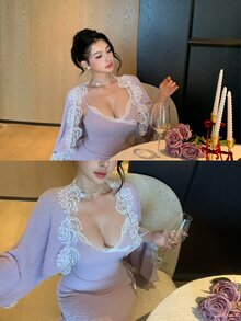 DAZY Purple Square Neck Lace Trim Patchwork Plush Slim Fit Long Sleeve Elegant Sweet Knitted 2 Pieces Dress Set - Purple - View 2