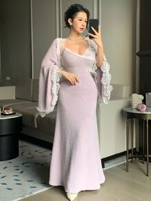 DAZY Purple Square Neck Lace Trim Patchwork Plush Slim Fit Long Sleeve Elegant Sweet Knitted 2 Pieces Dress Set - Purple - View 4