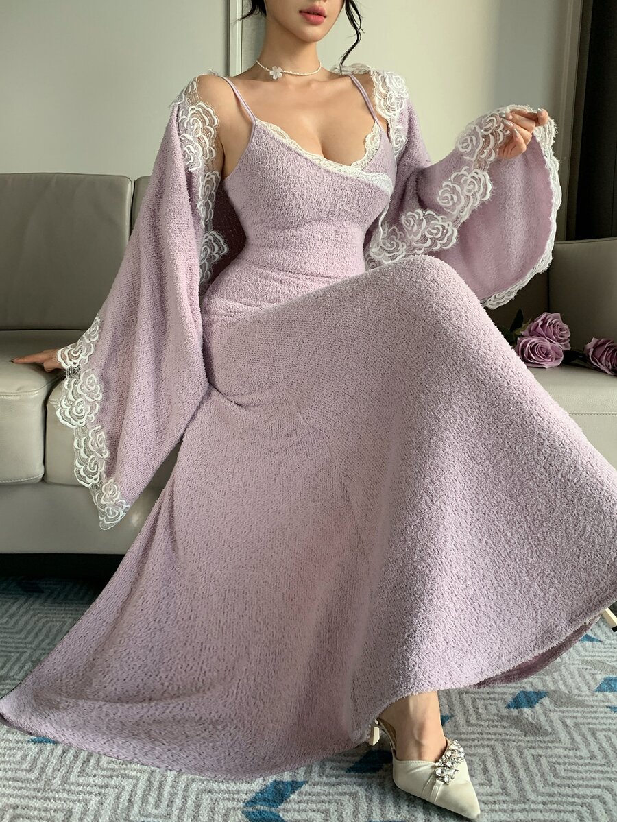 DAZY Purple Square Neck Lace Trim Patchwork Plush Slim Fit Long Sleeve Elegant Sweet Knitted 2 Pieces Dress Set - Purple - View 1