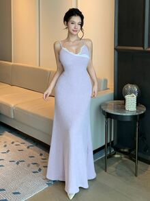 DAZY Purple Square Neck Lace Trim Patchwork Plush Slim Fit Long Sleeve Elegant Sweet Knitted 2 Pieces Dress Set - Purple - View 8