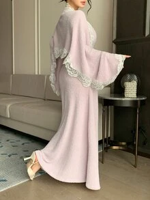 DAZY Purple Square Neck Lace Trim Patchwork Plush Slim Fit Long Sleeve Elegant Sweet Knitted 2 Pieces Dress Set - Purple - View 9