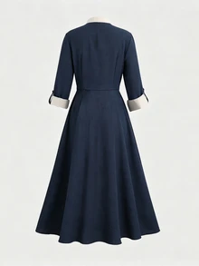 RosyDaze Fall/Winter Dress Festival Outfits Party Going Out Graduation Civil Brunch Elegant Casual Formal Holiday Business Napoleon Fairy Ruffle Dress - Navy Blue - View 4