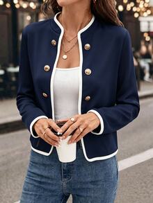 SHEIN Clasi Plus Size Women's Autumn Lapel Long Sleeve Double-Breasted Casual Jacket/Winter Fall - Navy Blue - View 6