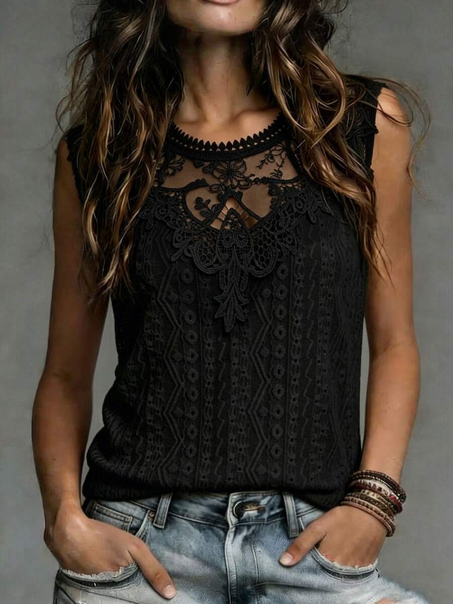 SHEIN Women's Lace Patchwork Casual Versatile Daily Wear Top - Black - View 1