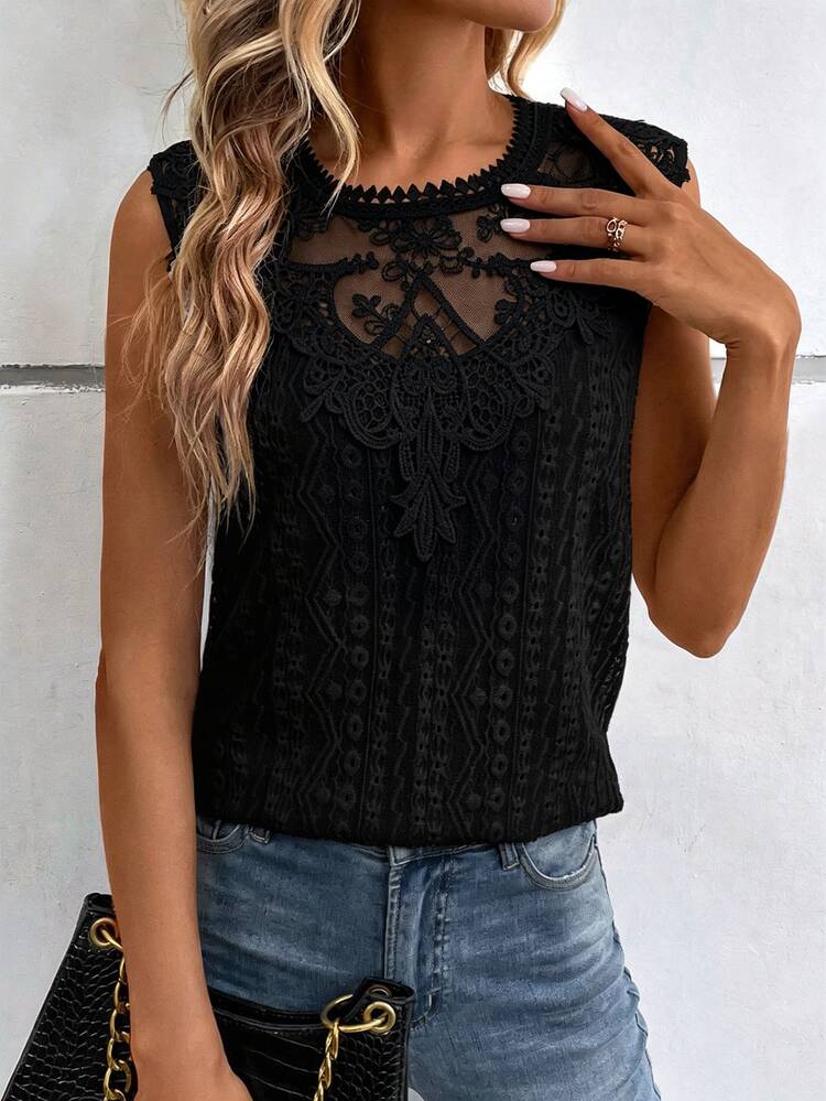 SHEIN Atasan Wanita Kasual Serbaguna untuk Pemakaian Sehari-hari dengan Motif Renda dan Patchwork - Hitam - View 6