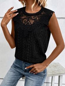 SHEIN Women's Lace Patchwork Casual Versatile Daily Wear Top - Black - View 7