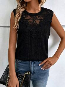 SHEIN Women's Lace Patchwork Casual Versatile Daily Wear Top - Black - View 4