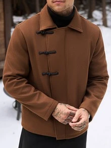 Manfinity CasualCool Men's Wool Blend Lapel Jacket, Frog Button Decor, Zipper Closure, Casual Everyday Outerwear For Autumn/Winter, Brown - Brown - View 5