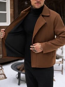 Manfinity CasualCool Men's Wool Blend Lapel Jacket, Frog Button Decor, Zipper Closure, Casual Everyday Outerwear For Autumn/Winter, Brown - Brown - View 8