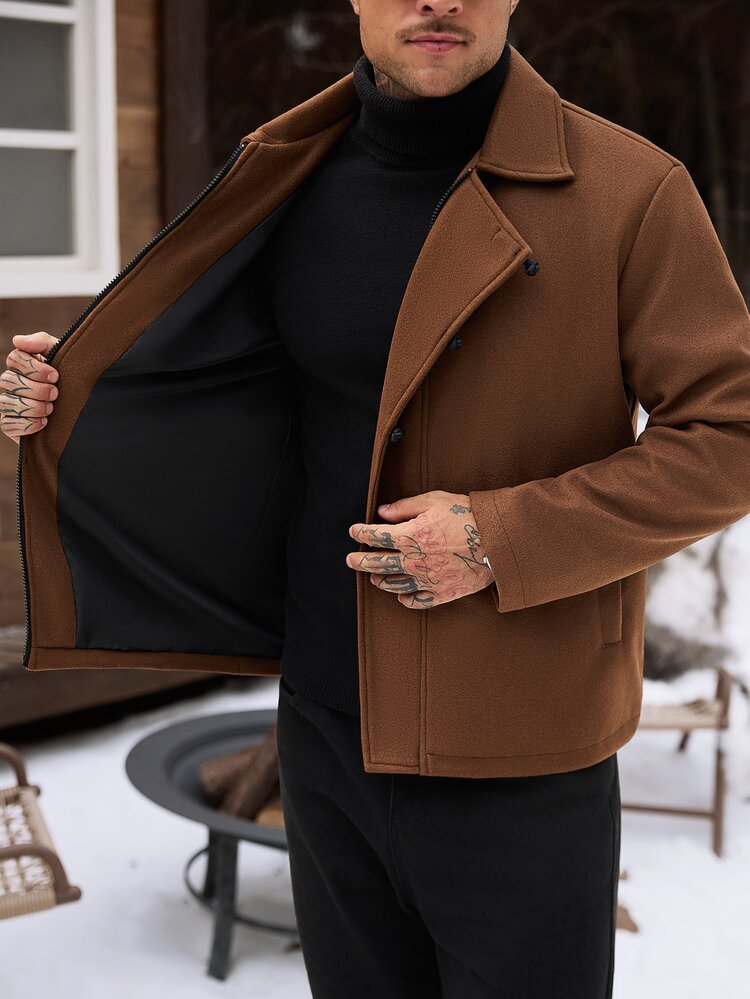 Manfinity CasualCool Men's Wool Blend Lapel Jacket, Frog Button Decor, Zipper Closure, Casual Everyday Outerwear For Autumn/Winter - Brown - View 8