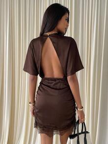 Aloruh Dark Brown Satin Mini Dress With Lace Patchwork Hem Summer Clothes Sexy Satin And Lace Open-Back Dress With Cut-Out Details. Night Out Date Night Hall - Coffee Brown - View 2
