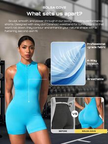 Solea Cove Women's Zipper Seamless Tight High-Intensity Yoga Fitness Jumpsuit Shorts Running Butt-Lifting Workout Jumpsuit - Blue - View 8