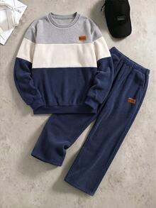 Teenager Fall Long Sleeve Cuffed Pants 2 Pieces Set Three-Color Patchwork Crew Neck Top Leather Label Cuffed Long Pants Daily Casual Baggy Streetwear - Multicolor - View 4