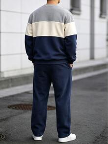 Teenager Fall Long Sleeve Cuffed Pants 2 Pieces Set Three-Color Patchwork Crew Neck Top Leather Label Cuffed Long Pants Daily Casual Baggy Streetwear - Multicolor - View 2