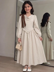 SHEIN Tween Girl Shoulder Knot Kids Design Cowl Neck Long Sleeve Frill Trim Dress - Khaki - View 8
