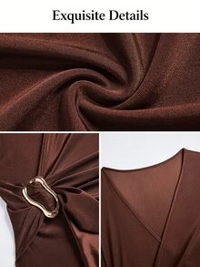 SOLERSUN Gaun Maxi Wanita Model Lilitan Leher V Mengembang Lengan Panjang dengan Pinggang Berkerut dan Ikat Pinggang Berumbai, Belahan Tinggi, Sempurna untuk Liburan dan Pesta - Coklat - View 9