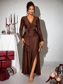 SOLERSUN Gaun Maxi Wanita Model Lilitan Leher V Mengembang Lengan Panjang dengan Pinggang Berkerut dan Ikat Pinggang Berumbai, Belahan Tinggi, Sempurna untuk Liburan dan Pesta - Coklat - View 8