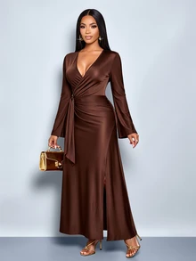 SOLERSUN Gaun Maxi Wanita Model Lilitan Leher V Mengembang Lengan Panjang dengan Pinggang Berkerut dan Ikat Pinggang Berumbai, Belahan Tinggi, Sempurna untuk Liburan dan Pesta - Coklat - View 6