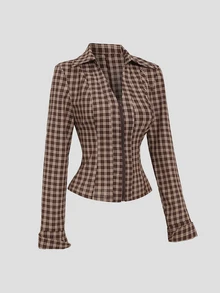 Sweetra Women's Elegant Retro Vintage Fashion Versatile Commute Personalized Brown Plaid Plaid Casual Long Sleeve Shirt Everyday School Autumn - Bronze - View 4