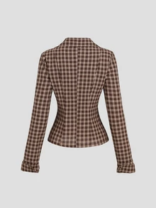 Sweetra Women's Elegant Retro Vintage Fashion Versatile Commute Personalized Brown Plaid Plaid Casual Long Sleeve Shirt Everyday School Autumn - Bronze - View 2