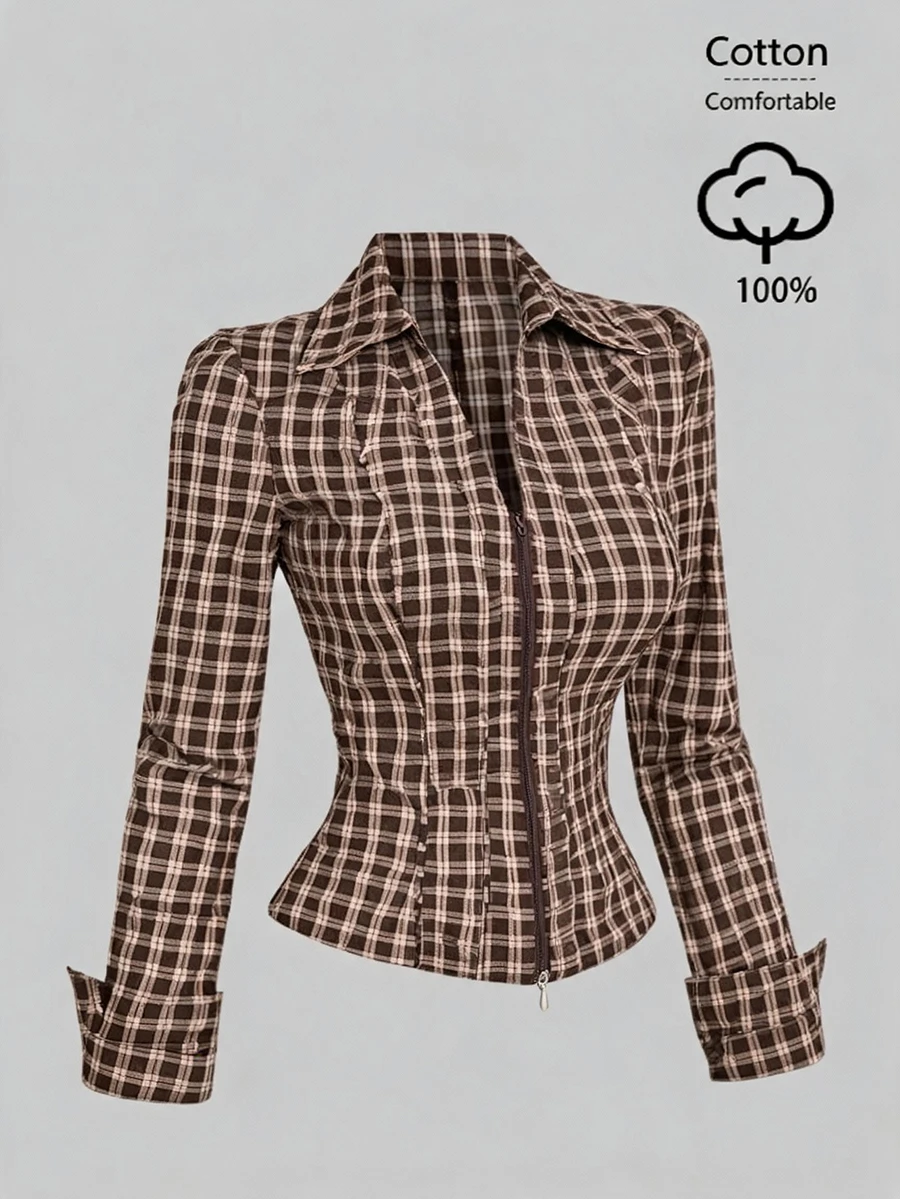 Sweetra Women's Elegant Retro Vintage Fashion Versatile Commute Personalized Brown Plaid Plaid Casual Long Sleeve Shirt Everyday School Autumn - Bronze - View 1