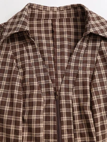 Sweetra Women's Elegant Retro Vintage Fashion Versatile Commute Personalized Brown Plaid Plaid Casual Long Sleeve Shirt Everyday School Autumn - Bronze - View 5
