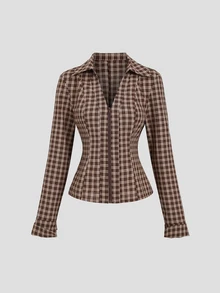 Sweetra Women's Elegant Retro Vintage Fashion Versatile Commute Personalized Brown Plaid Plaid Casual Long Sleeve Shirt Everyday School Autumn - Bronze - View 3