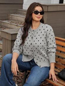 Comfylo Cardigan Wanita Ukuran Besar Motif Polkadot Kasual Serbaguna untuk Pemakaian Sehari-hari di Musim Dingin - Light Grey - View 5