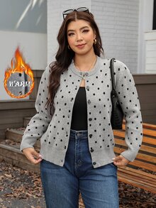 Comfylo Cardigan Wanita Ukuran Besar Motif Polkadot Kasual Serbaguna untuk Pemakaian Sehari-hari di Musim Dingin - Light Grey - View 9