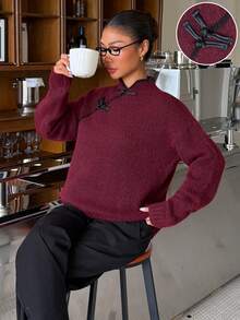 Muchica Women's Vintage Chinese Element Frog Button Knit Sweater - Burgundy - View 6