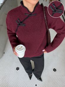 Muchica Women's Vintage Chinese Element Frog Button Knit Sweater - Burgundy - View 4