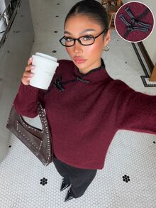 Muchica Women's Vintage Chinese Element Frog Button Knit Sweater - Burgundy - View 5