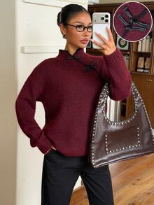 Muchica Women's Vintage Chinese Element Frog Button Knit Sweater - Burgundy - View 3
