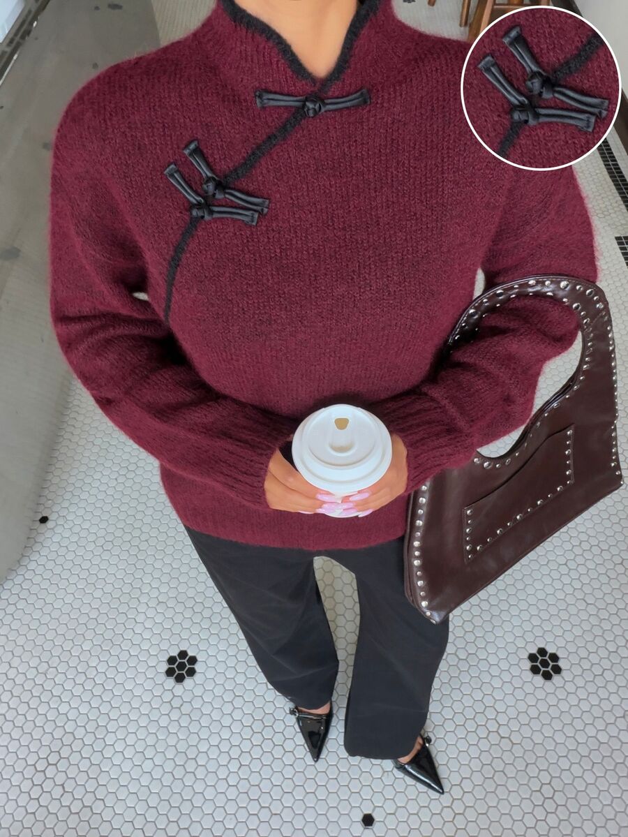Muchica Women's Vintage Chinese Element Frog Button Knit Sweater - Burgundy - View 1