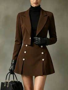Elenzga Lapel Neck Double Breasted Blazer & Skirt Suit Set - Brown - View 8