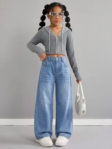 SHEIN 青少年女孩秋冬時尚休閒 Y2K 藍色丹寧寬鬆低腰設計帆布牛仔褲 - 藍色 - 查看 9