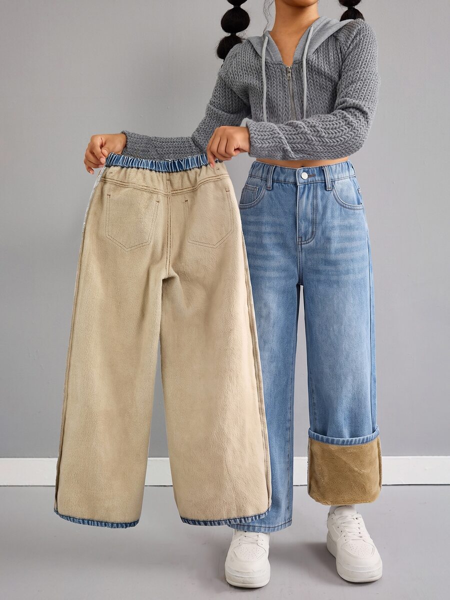 SHEIN Tween Girl Fall/Winter Fashion Casual Y2k Blue Denim Loose Low-Waist Design Canvas Jeans Kids - Blue - View 1