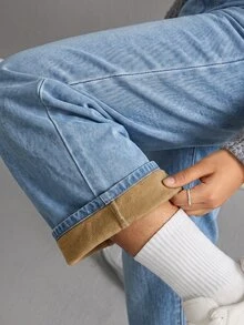 SHEIN 青少年女孩秋冬時尚休閒 Y2K 藍色丹寧寬鬆低腰設計帆布牛仔褲 - 藍色 - 查看 3