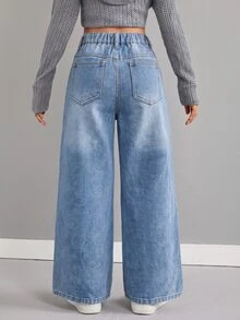 SHEIN 青少年女孩秋冬時尚休閒 Y2K 藍色丹寧寬鬆低腰設計帆布牛仔褲 - 藍色 - 查看 2