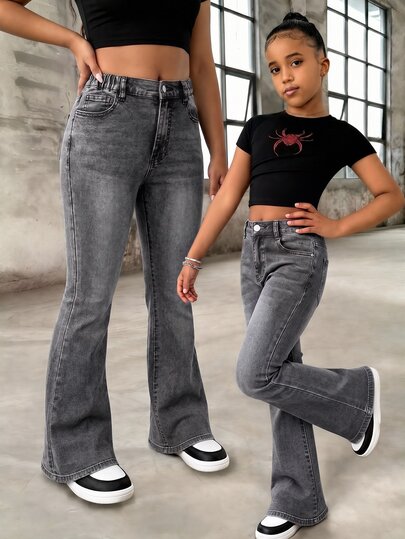 Tween Girl Fashion Casual Y2k Black Stretch Tight Basic Simple And Comfortable Flared Jeans