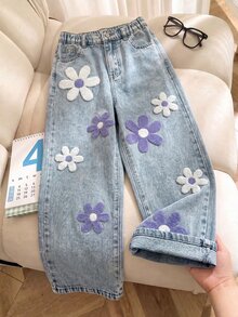 少女 Y2K 藍色水洗寬鬆舒適可愛花朵貼布繡牛仔長褲 - 藍色 - 查看 1