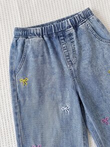 SHEIN 青少年女孩時尚休閒 Y2K 彩色蝴蝶結刺繡藍色寬鬆牛仔褲 - 藍色 - 查看 4