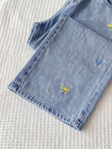 SHEIN 青少年女孩時尚休閒 Y2K 彩色蝴蝶結刺繡藍色寬鬆牛仔褲 - 藍色 - 查看 3