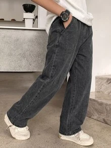 Tween Boy Fashion Casual Based Stretch Lastic Waist Drawstring Design Grey Loose Jeans - Grey - View 6